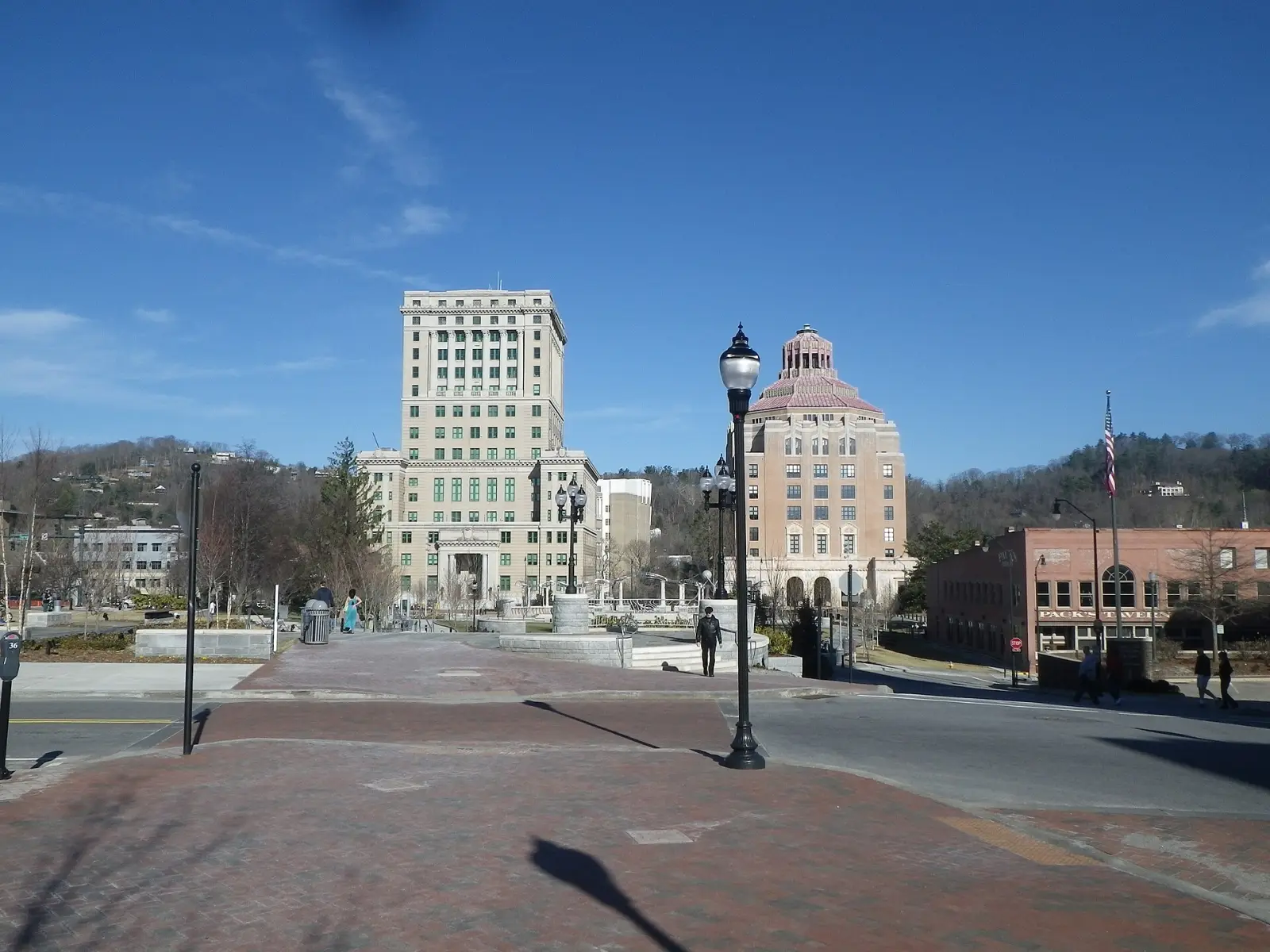 Pack Square Park with the Buncombe County Courthouse on the left and Asheville City Hall on the right.