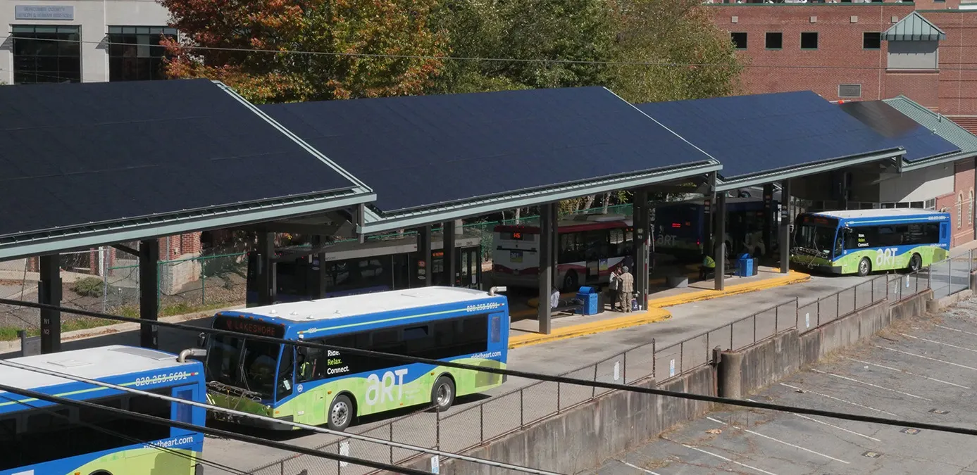ART buses at the ART Transit Center on Coxe Avenue (City caption: "ART Station solar panels were installed on the roof of the passenger plat