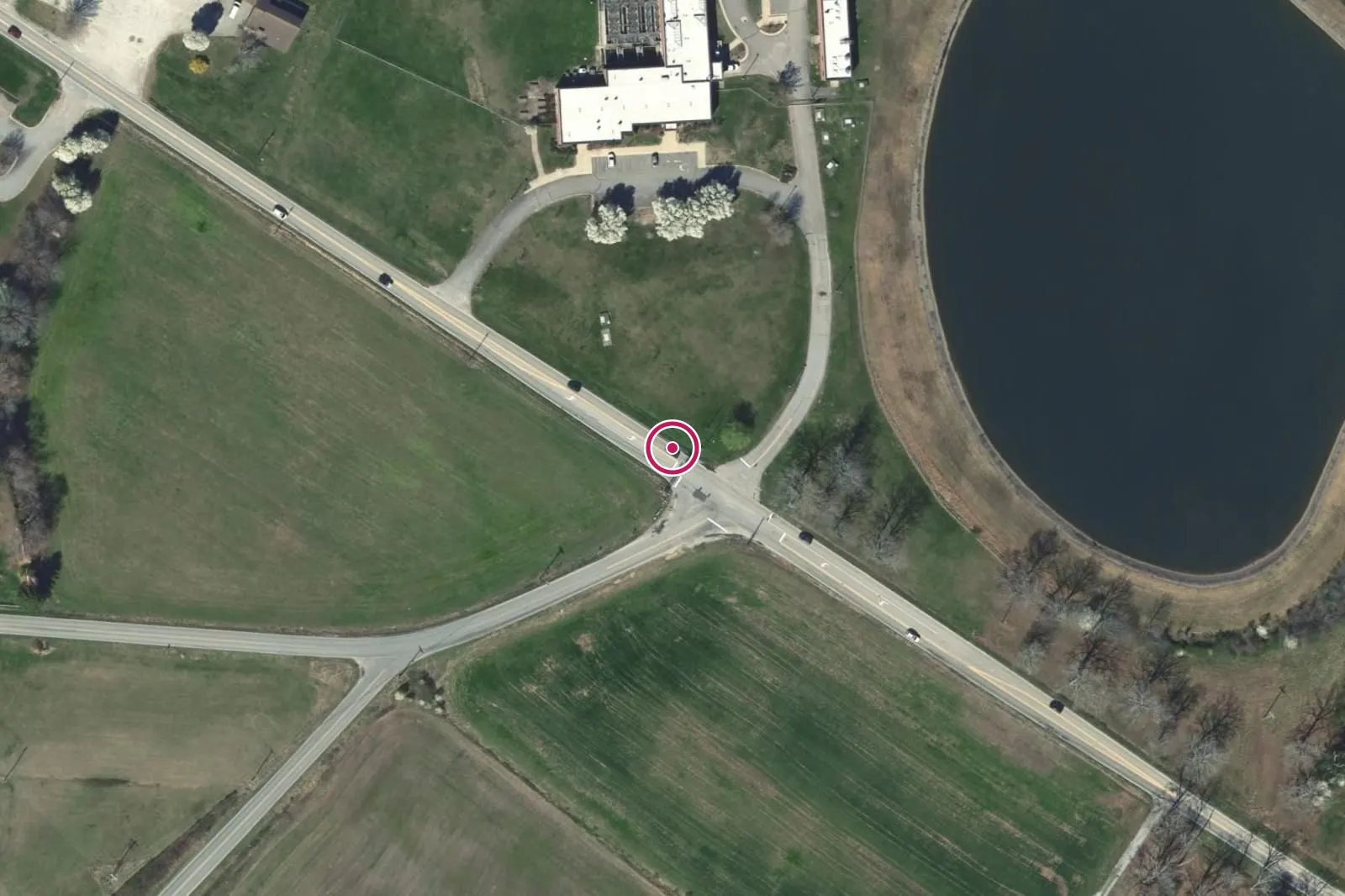 Aerial view around Mills River Water Treatment Plant, Henderson County, with a circle at the address.