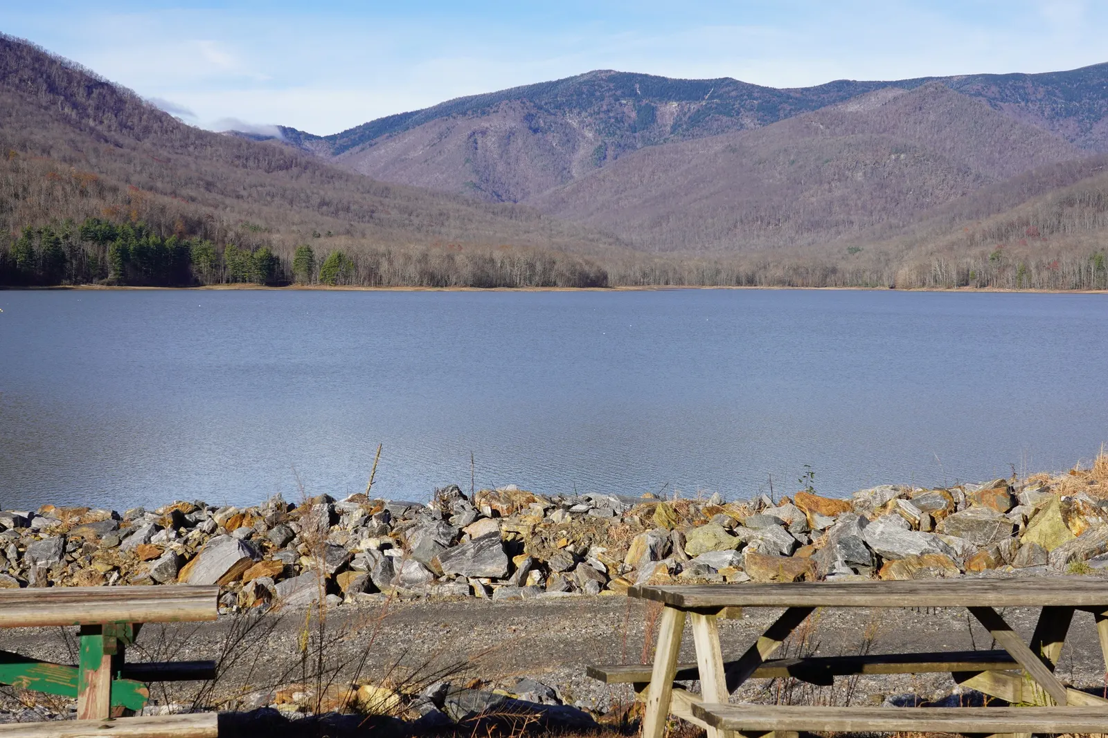 North Fork Reservoir seen from the riprap of the North Fork Dam, Black Mountain, N