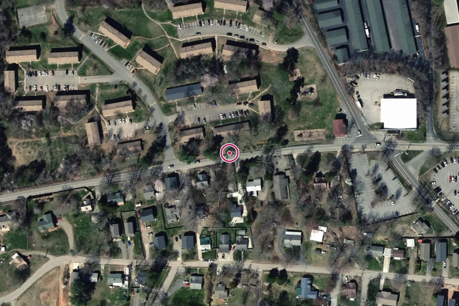 Aerial view around 275 Deaverview Road (HACA); 65 Ford Street and a 16-acre City property adjacent to Pisgah View Road, with a circle at the address.